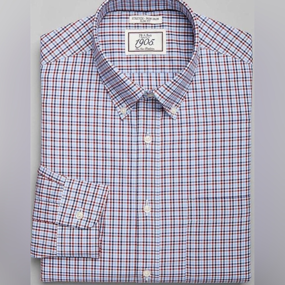 JOS A BANK men’s stretch non-iron TAILORED FIT blue plaid size 17/35 XL/LARGE